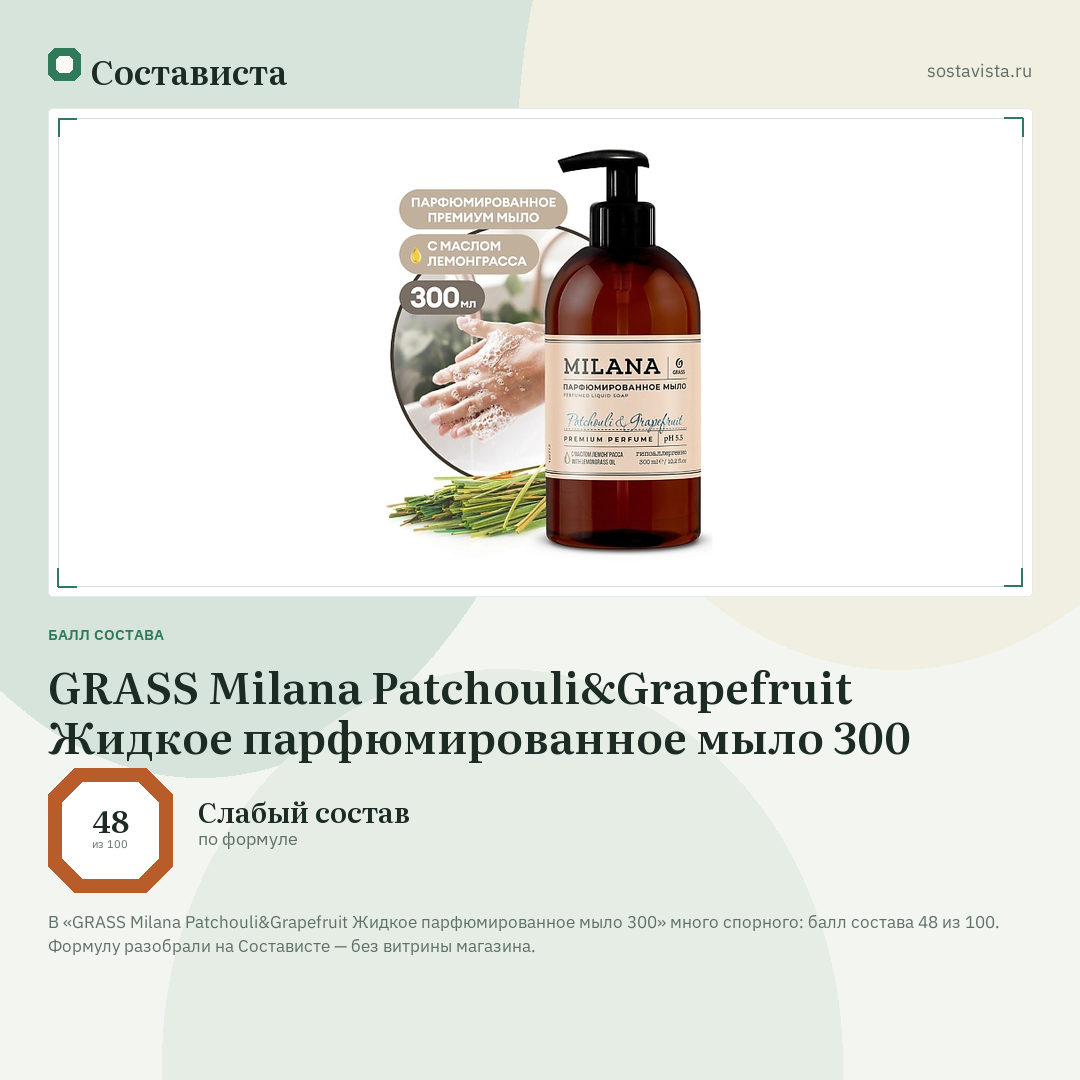 GRASS Milana Patchouli&Grapefruit Жидкое парфюмированное мыло 300: балл состава 48 из 100 — Состависта