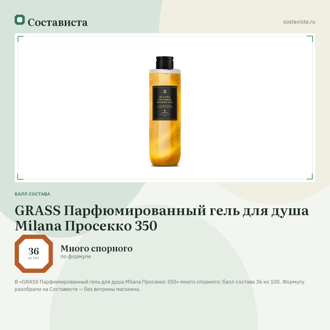 GRASS Парфюмированный гель для душа Milana Просекко 350: балл состава 36 из 100 — Состависта