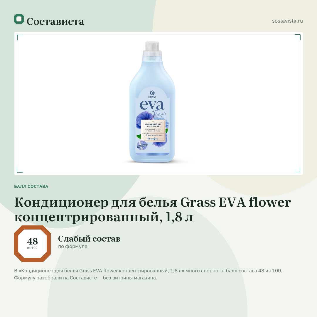 Кондиционер для белья Grass EVA flower концентрированный, 1,8 л: балл состава 48 из 100 — Состависта