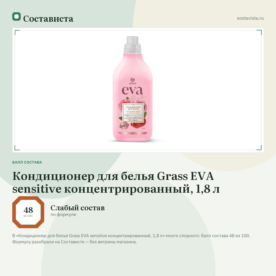 Кондиционер для белья Grass EVA sensitive концентрированный, 1,8 л: балл состава 48 из 100 — Состависта