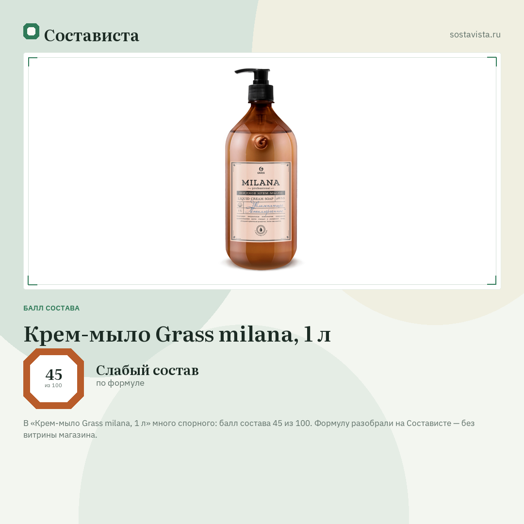 Крем-мыло Grass milana, 1 л: балл состава 45 из 100 — Состависта