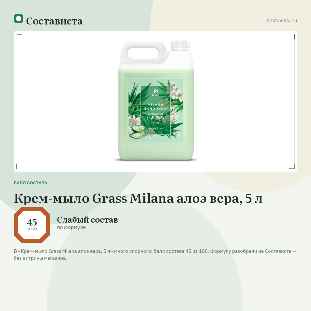Крем-мыло Grass Milana алоэ вера, 5 л: балл состава 45 из 100 — Состависта
