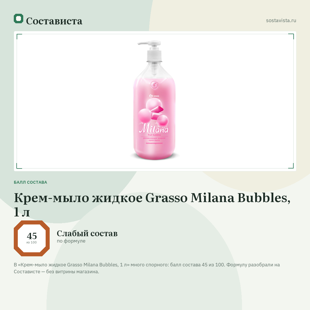 Крем-мыло жидкое Grassо Milana Bubbles, 1 л: балл состава 45 из 100 — Состависта