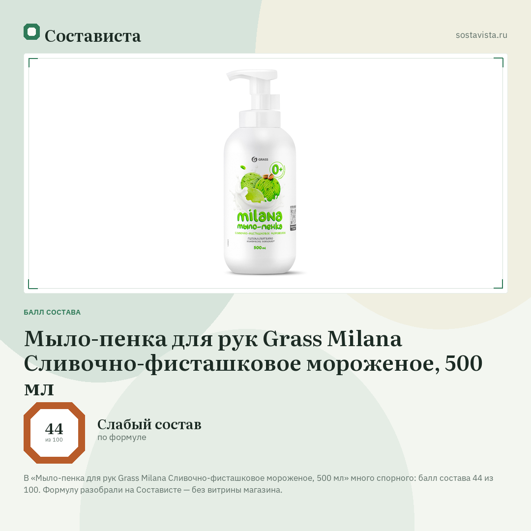 Мыло-пенка для рук Grass Milana Сливочно-фисташковое мороженое, 500 мл: балл состава 44 из 100 — Состависта