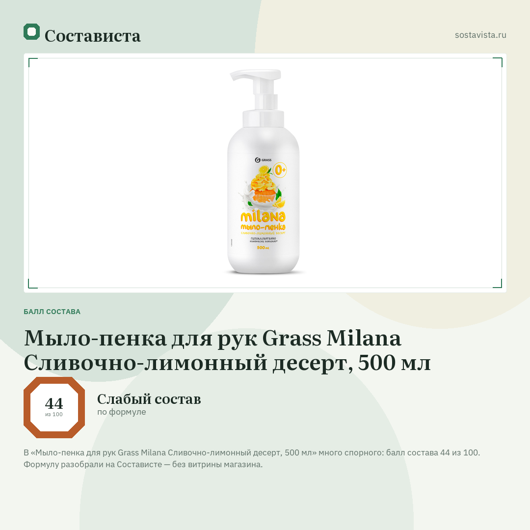 Мыло-пенка для рук Grass Milana Сливочно-лимонный десерт, 500 мл: балл состава 44 из 100 — Состависта