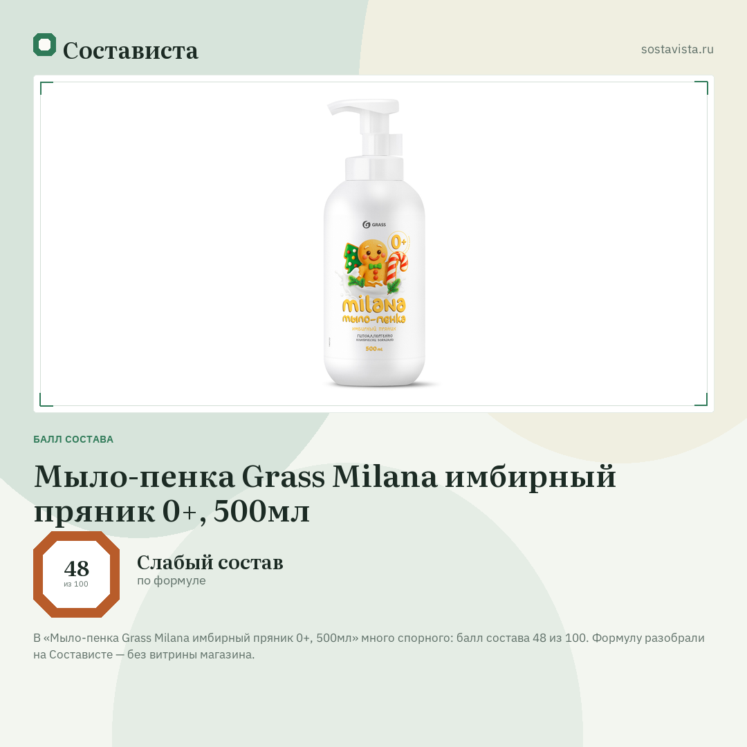 Мыло-пенка Grass Milana имбирный пряник 0+, 500мл: балл состава 48 из 100 — Состависта