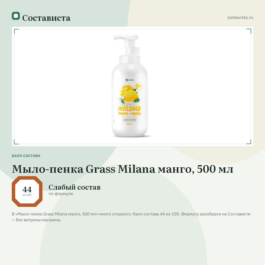 Мыло-пенка Grass Milana манго, 500 мл: балл состава 44 из 100 — Состависта