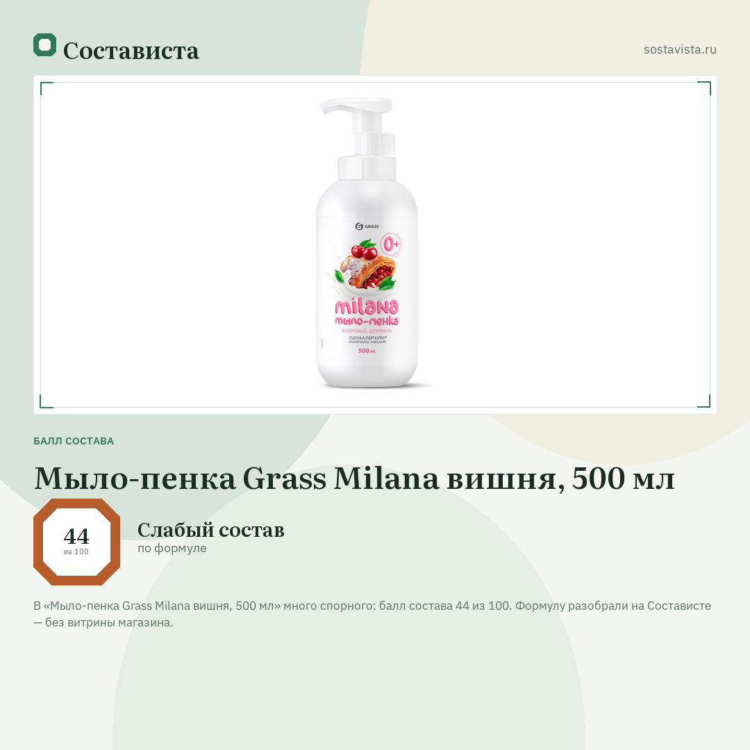 Мыло-пенка Grass Milana вишня, 500 мл: балл состава 44 из 100 — Состависта