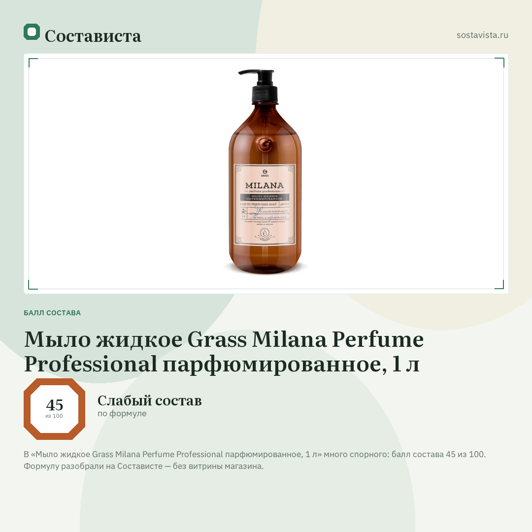 Мыло жидкое Grass Milana Perfume Professional парфюмированное, 1 л: балл состава 45 из 100 — Состависта