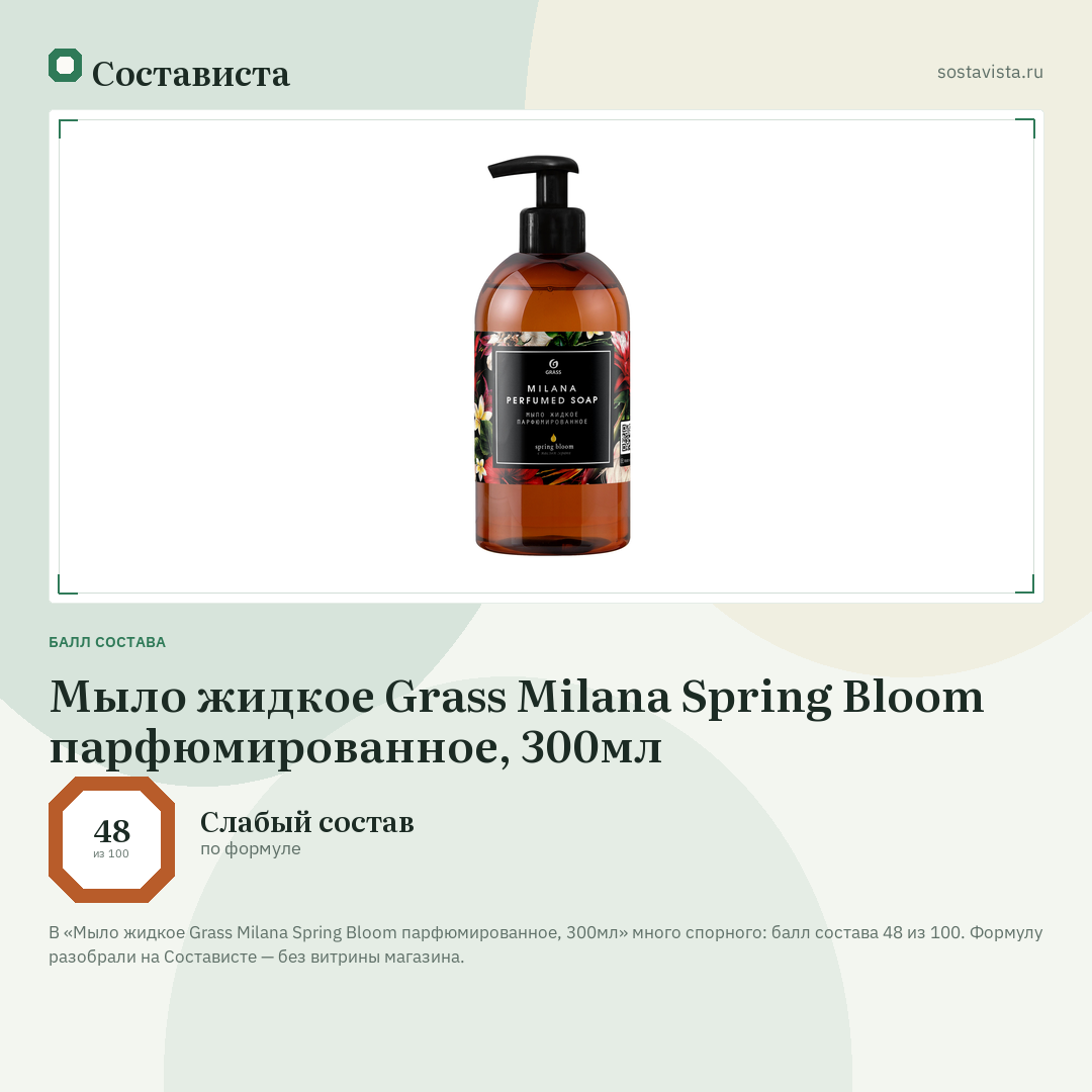 Мыло жидкое Grass Milana Spring Bloom парфюмированное, 300мл: балл состава 48 из 100 — Состависта