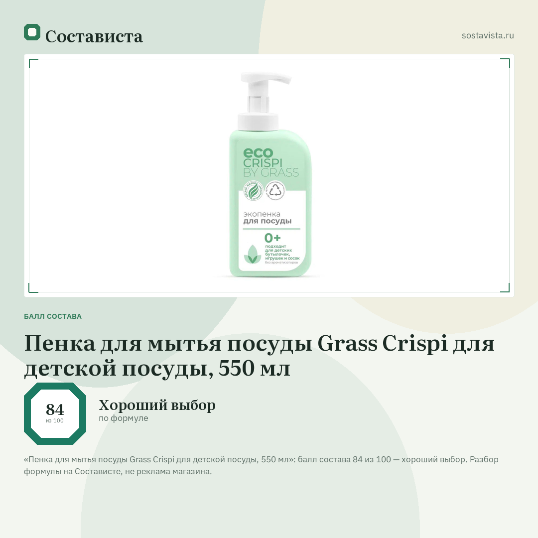 Пенка для мытья посуды Grass Crispi для детской посуды, 550 мл: балл состава 84 из 100 — Состависта