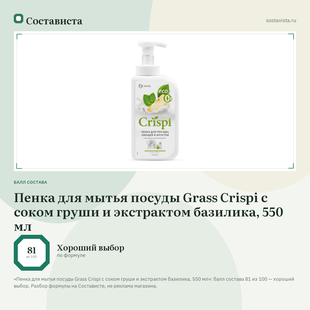 Пенка для мытья посуды Grass Crispi с соком груши и экстрактом базилика, 550 мл: балл состава 81 из 100 — Состависта