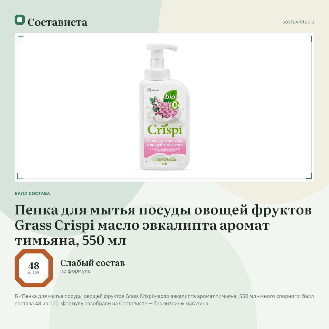 Пенка для мытья посуды овощей фруктов Grass Crispi масло эвкалипта аромат тимьяна, 550 мл: балл состава 48 из 100 — Состависта