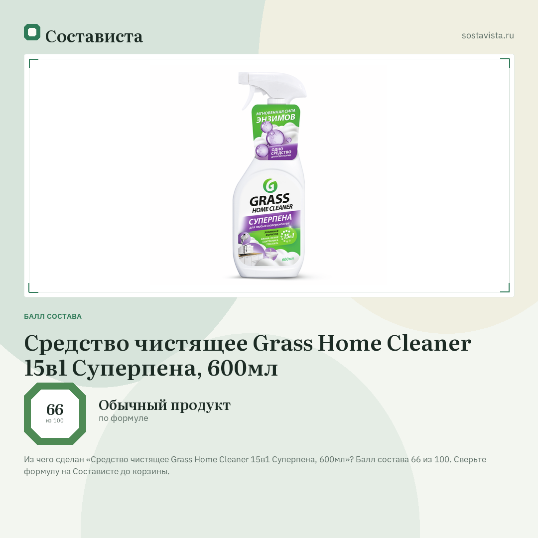Средство чистящее Grass Home Cleaner 15в1 Суперпена, 600мл: балл состава 66 из 100 — Состависта
