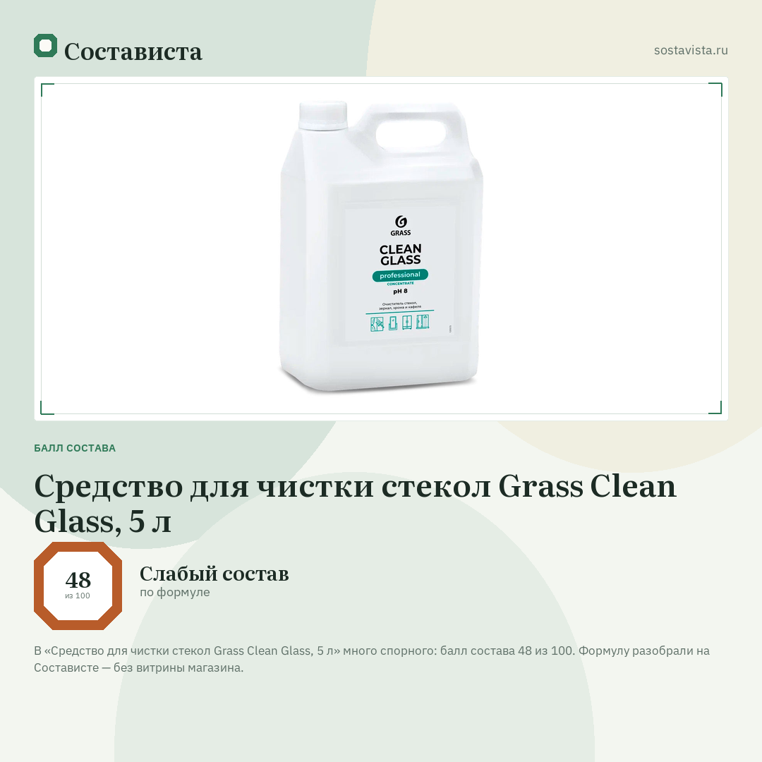 Средство для чистки стекол Grass Clean Glass, 5 л: балл состава 48 из 100 — Состависта