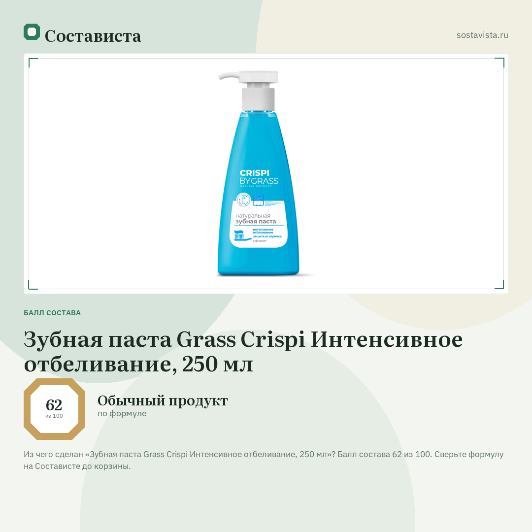 Зубная паста Grass Crispi Интенсивное отбеливание, 250 мл: балл состава 62 из 100 — Состависта