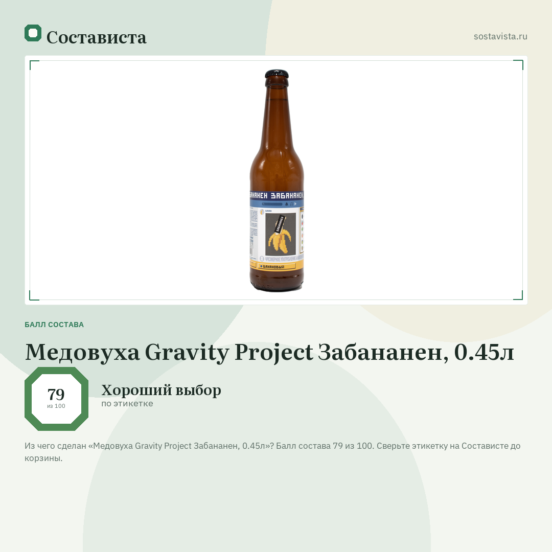 Медовуха Gravity Project Забананен, 0.45л: балл состава 79 из 100 — Состависта