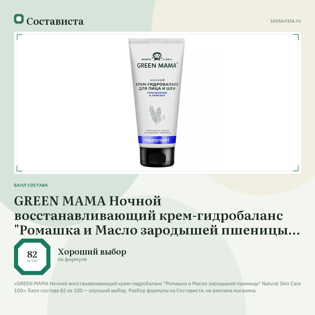 GREEN MAMA Ночной восстанавливающий крем-гидробаланс "Ромашка и Масло зародышей пшеницы" Natural Skin Care 100: балл состава 82 из 100 — Состависта