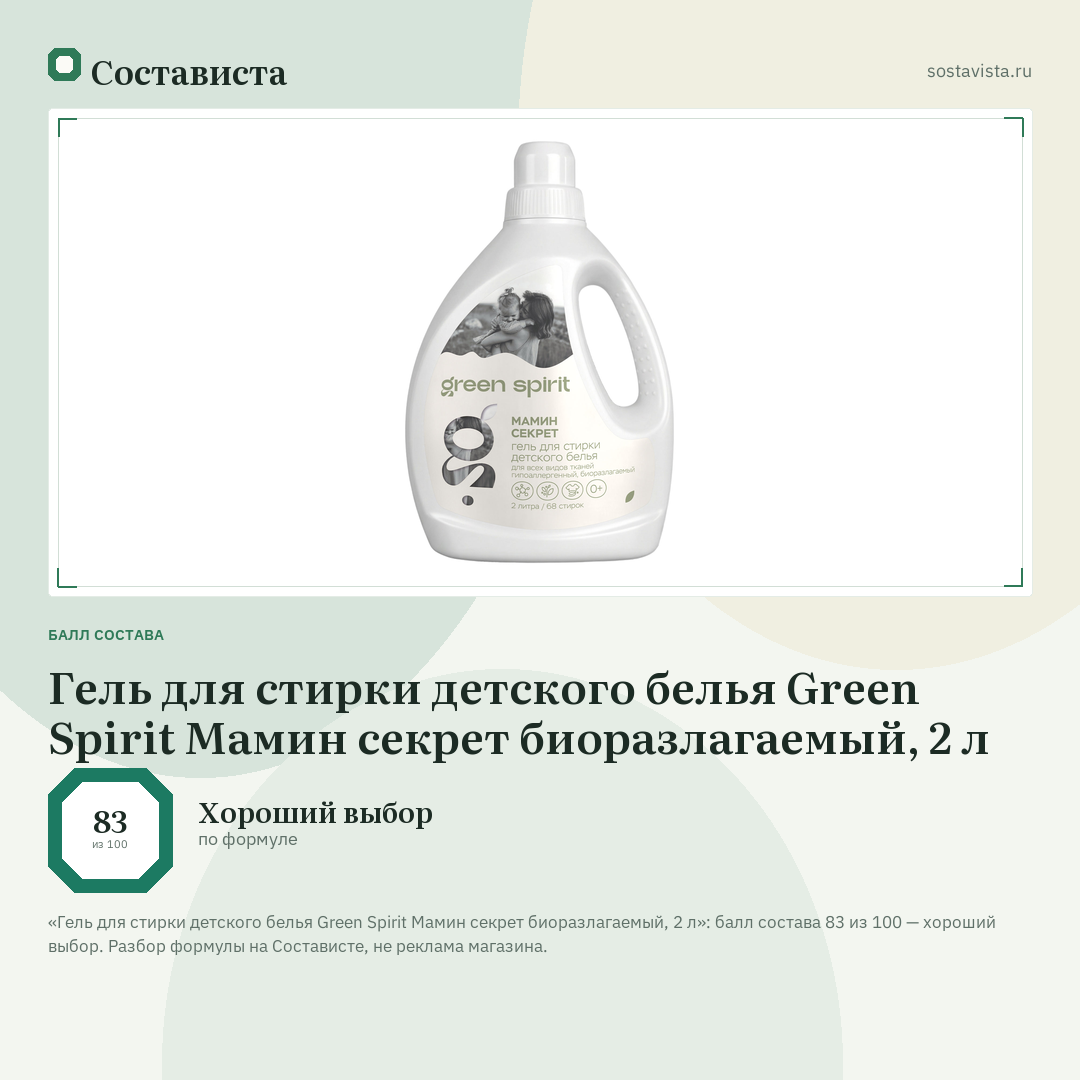 Гель для стирки детского белья Green Spirit Мамин секрет биоразлагаемый, 2 л: балл состава 83 из 100 — Состависта