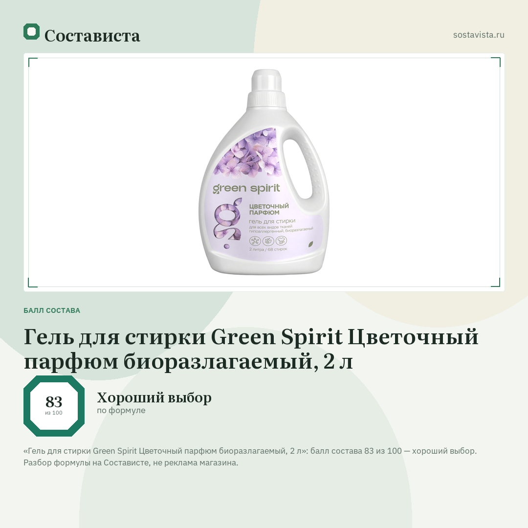 Гель для стирки Green Spirit Цветочный парфюм биоразлагаемый, 2 л: балл состава 83 из 100 — Состависта
