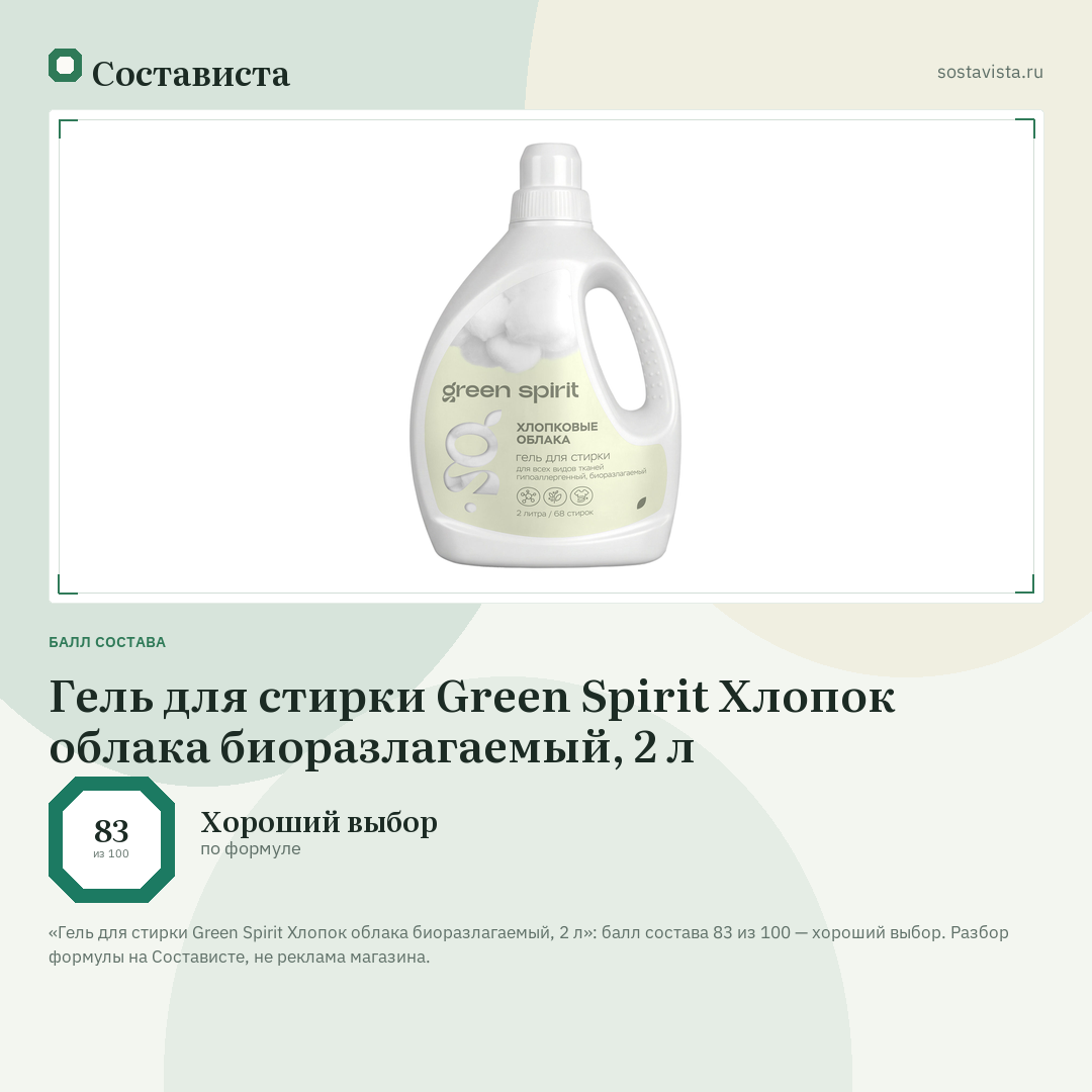 Гель для стирки Green Spirit Хлопок облака биоразлагаемый, 2 л: балл состава 83 из 100 — Состависта