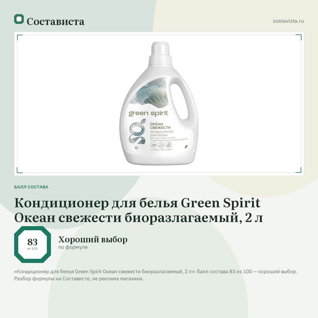 Кондиционер для белья Green Spirit Океан свежести биоразлагаемый, 2 л: балл состава 83 из 100 — Состависта