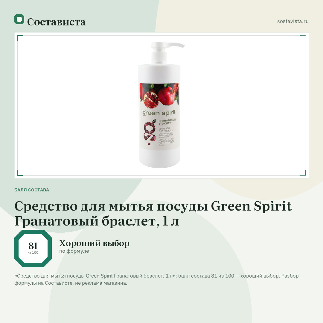 Средство для мытья посуды Green Spirit Гранатовый браслет, 1 л: балл состава 81 из 100 — Состависта