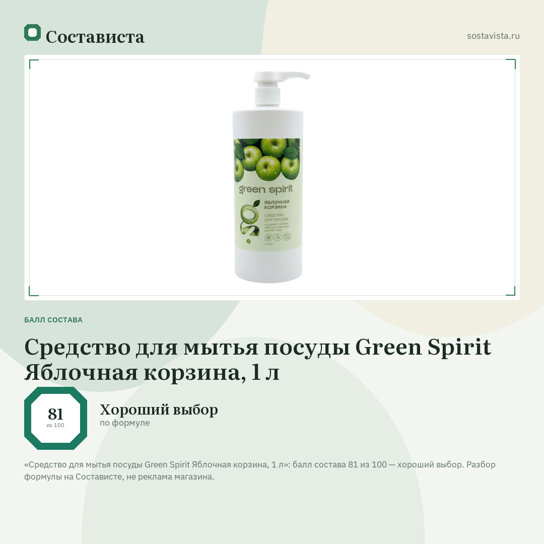 Средство для мытья посуды Green Spirit Яблочная корзина, 1 л: балл состава 81 из 100 — Состависта