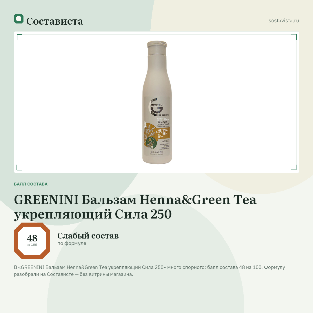 GREENINI Бальзам Henna&Green Tea укрепляющий Сила 250: балл состава 48 из 100 — Состависта
