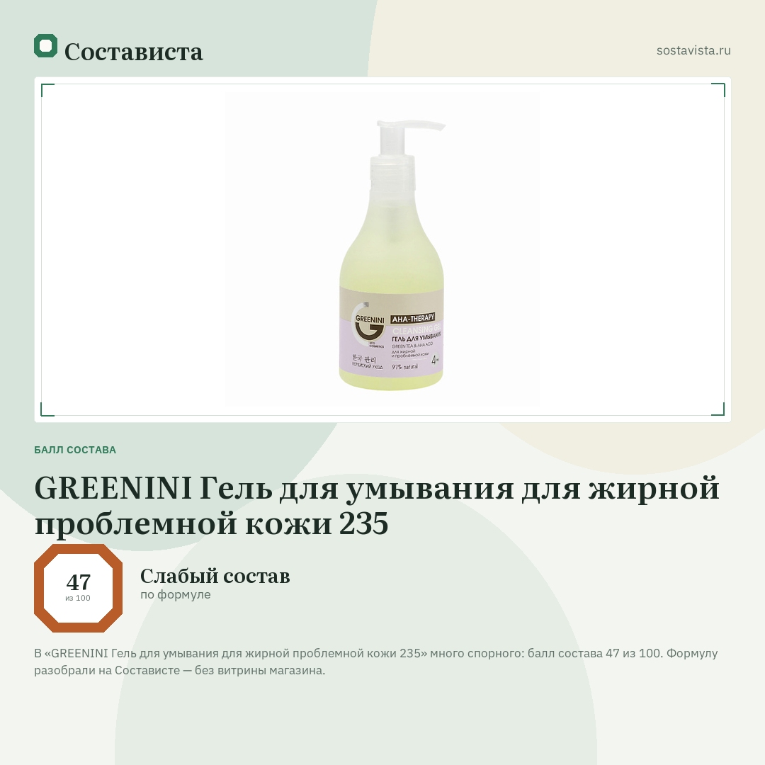 GREENINI Гель для умывания для жирной проблемной кожи 235: балл состава 47 из 100 — Состависта