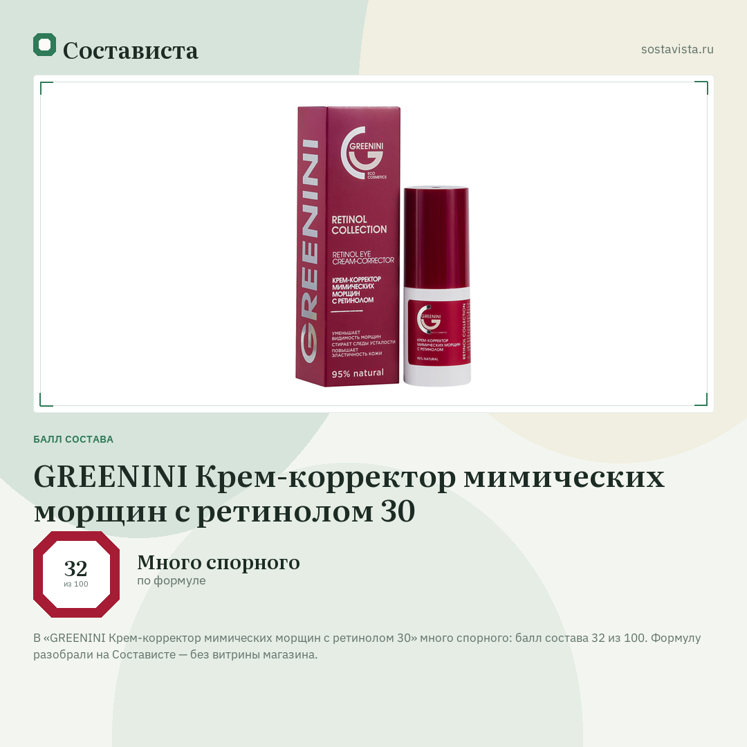 GREENINI Крем-корректор мимических морщин с ретинолом 30: балл состава 32 из 100 — Состависта