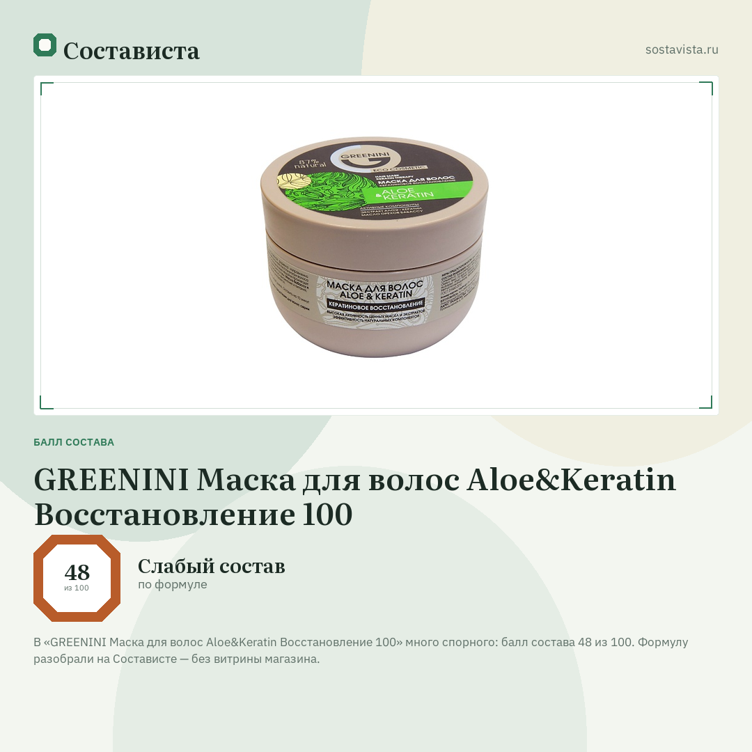 GREENINI Маска для волос Aloe&Keratin Восстановление 100: балл состава 48 из 100 — Состависта
