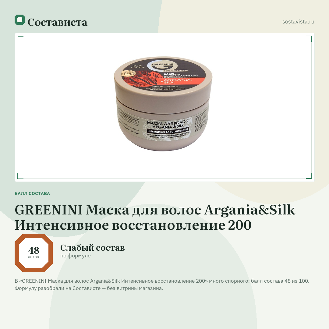 GREENINI Маска для волос Argania&Silk Интенсивное восстановление 200: балл состава 48 из 100 — Состависта