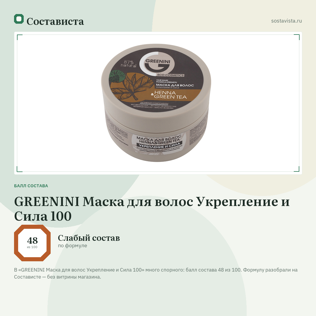 GREENINI Маска для волос Укрепление и Сила 100: балл состава 48 из 100 — Состависта
