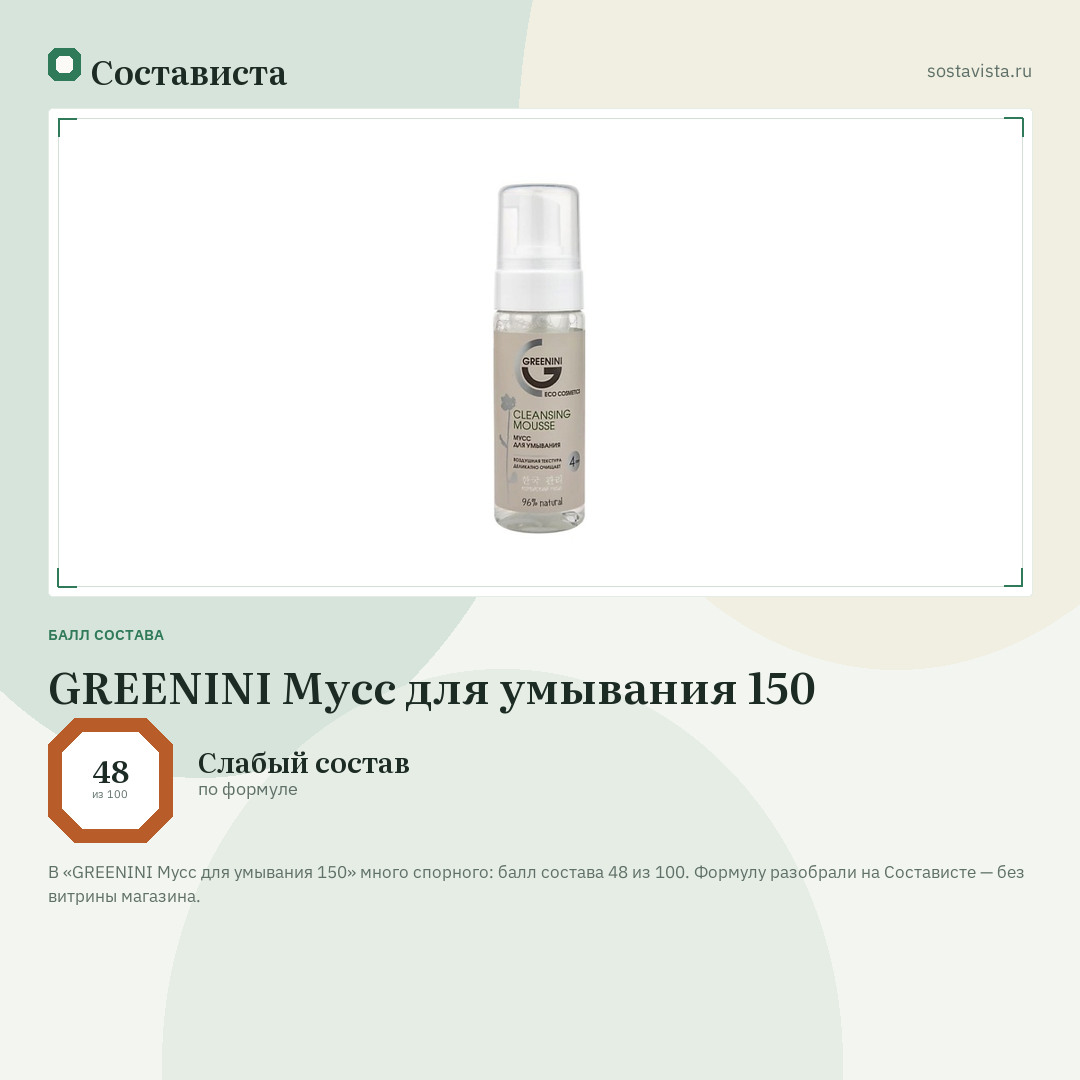 GREENINI Мусс для умывания 150: балл состава 48 из 100 — Состависта