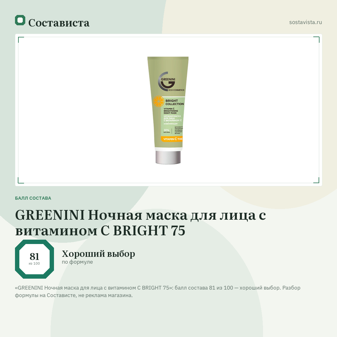 GREENINI Ночная маска для лица с витамином С BRIGHT 75: балл состава 81 из 100 — Состависта