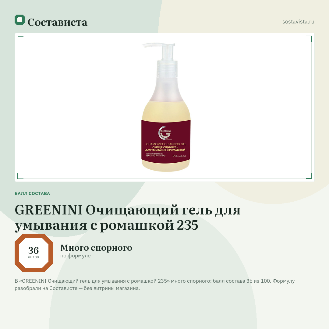 GREENINI Очищающий гель для умывания с ромашкой 235: балл состава 36 из 100 — Состависта