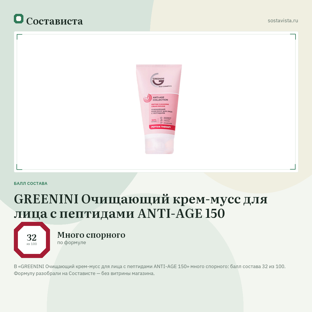 GREENINI Очищающий крем-мусс для лица с пептидами ANTI-AGE 150: балл состава 32 из 100 — Состависта