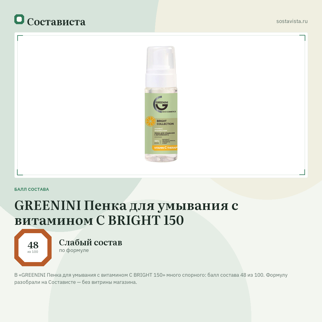 GREENINI Пенка для умывания с витамином С BRIGHT 150: балл состава 48 из 100 — Состависта