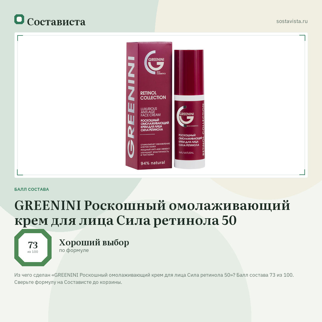 GREENINI Роскошный омолаживающий крем для лица Сила ретинола 50: балл состава 73 из 100 — Состависта