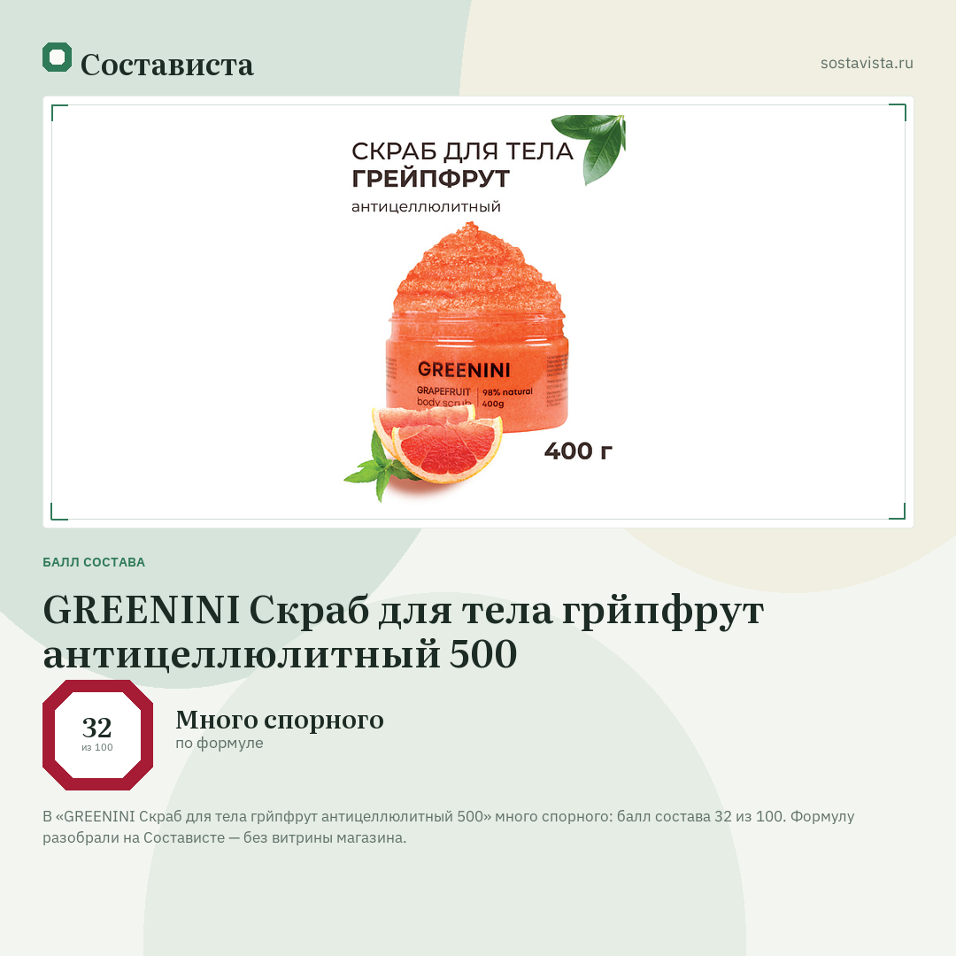 GREENINI Скраб для тела грйпфрут антицеллюлитный 500: балл состава 32 из 100 — Состависта