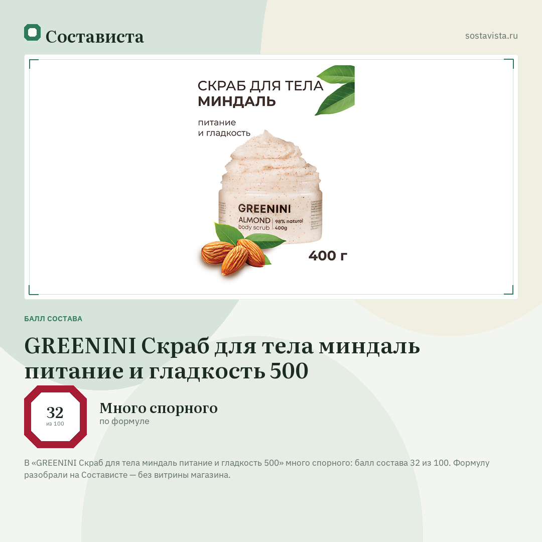 GREENINI Скраб для тела миндаль питание и гладкость 500: балл состава 32 из 100 — Состависта