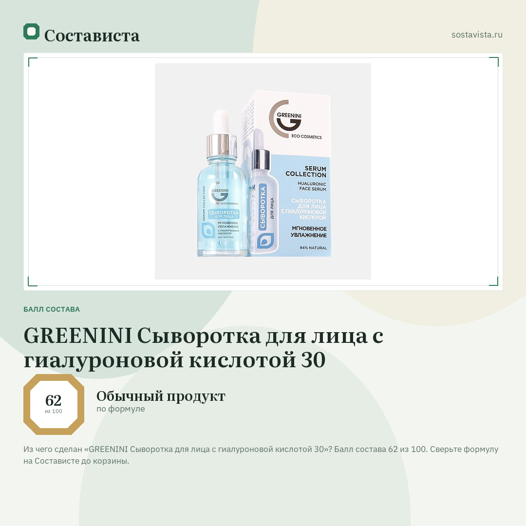 GREENINI Сыворотка для лица с гиалуроновой кислотой 30: балл состава 62 из 100 — Состависта