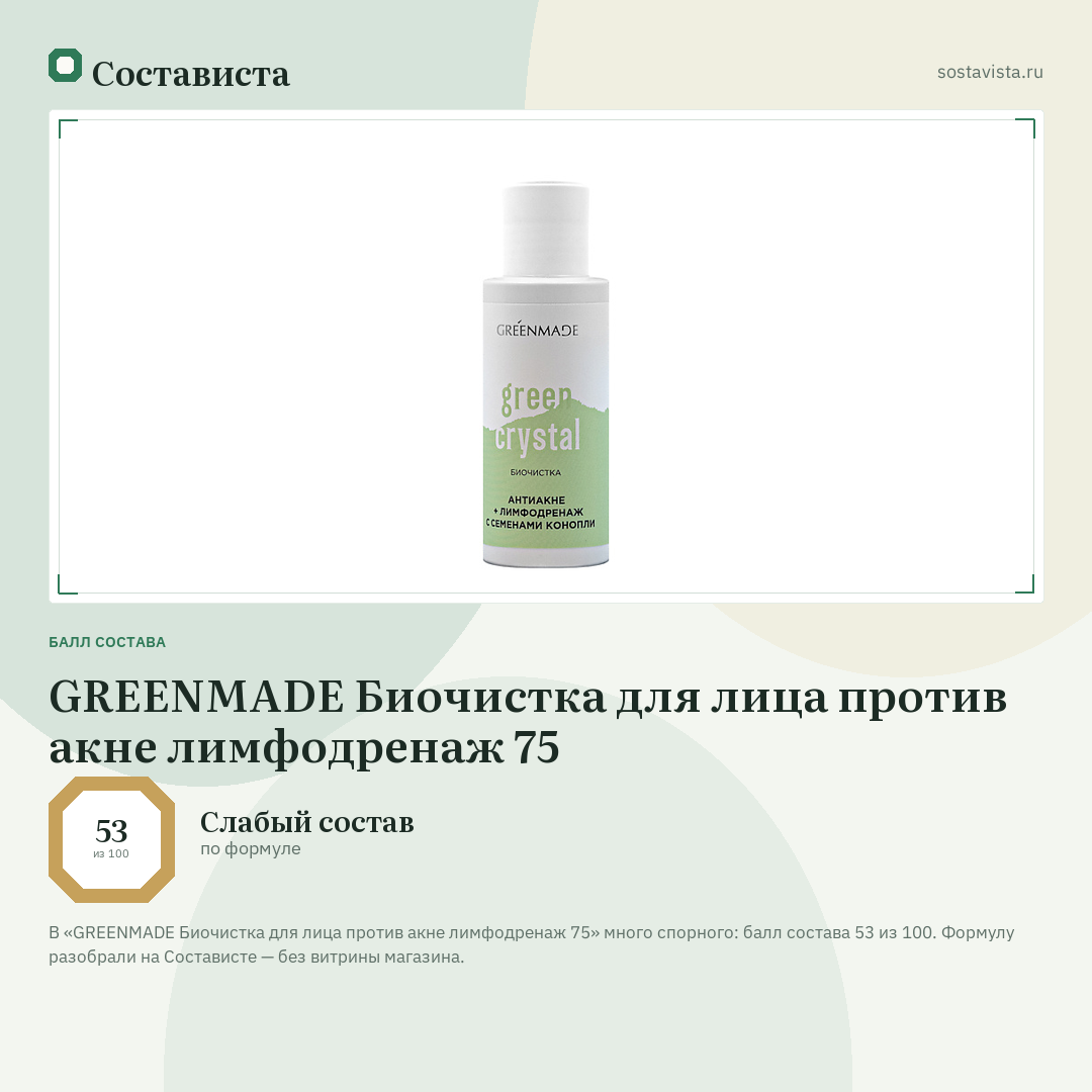 GREENMADE Биочистка для лица против акне лимфодренаж 75: балл состава 53 из 100 — Состависта