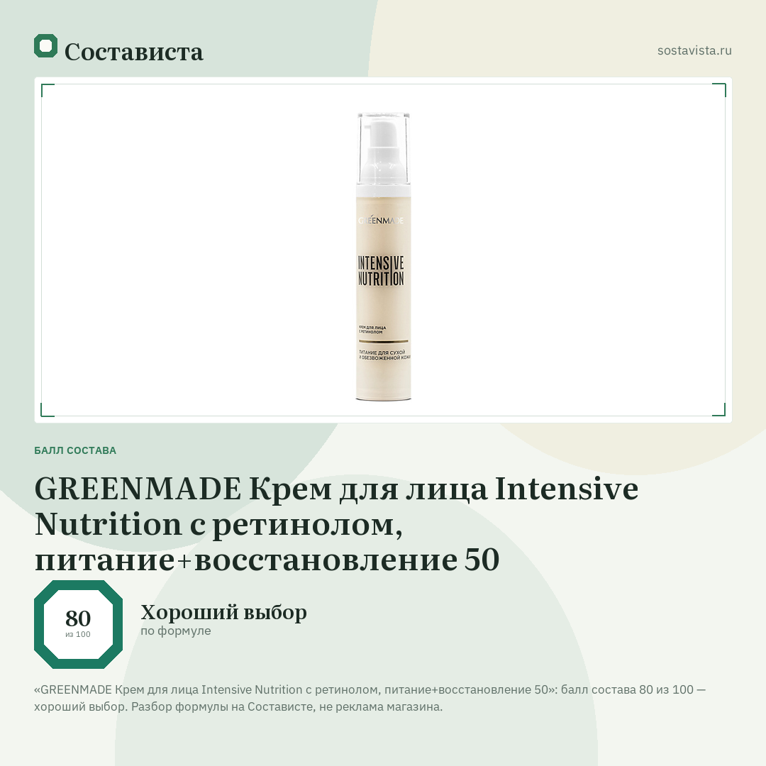GREENMADE Крем для лица Intensive Nutrition с ретинолом, питание+восстановление 50: балл состава 80 из 100 — Состависта