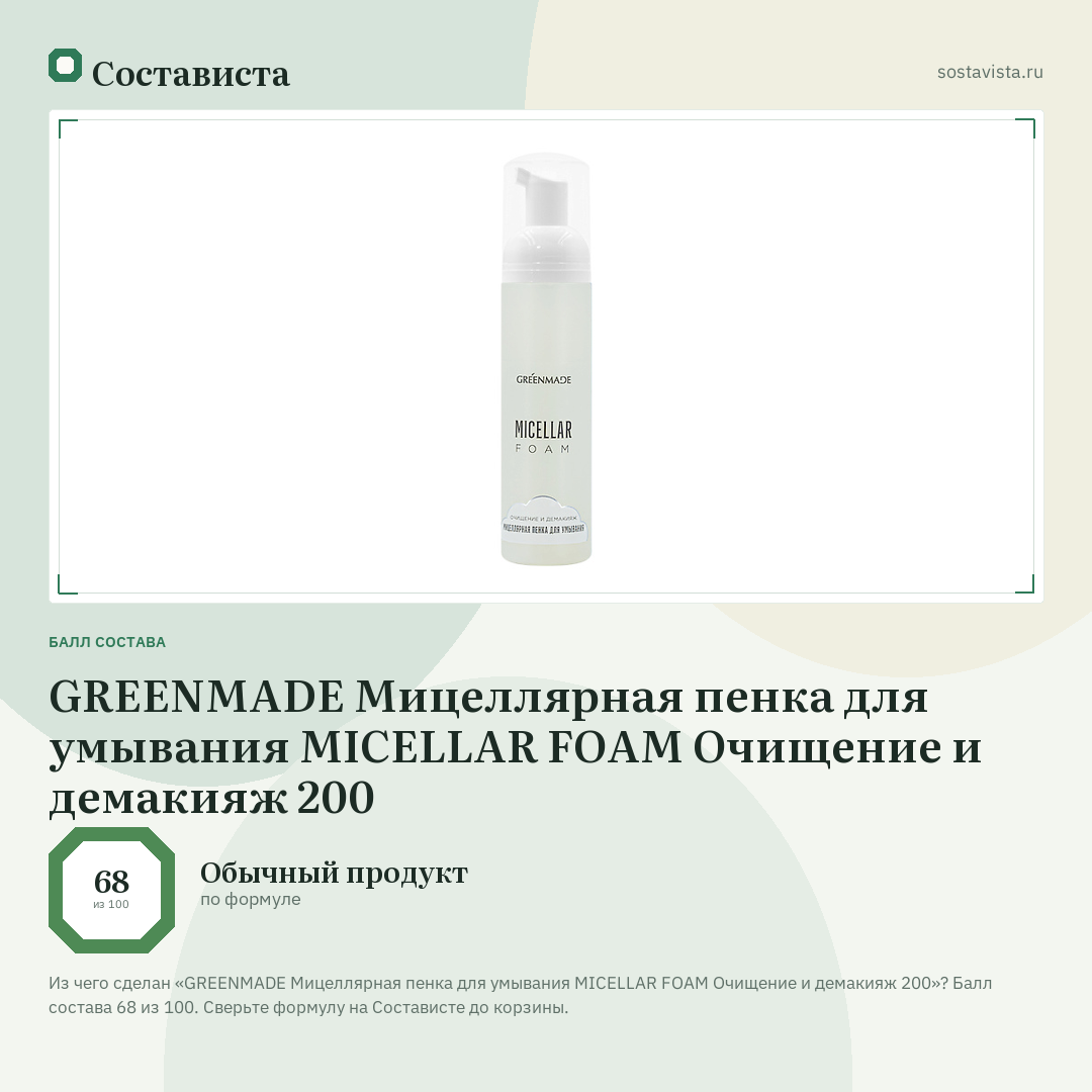 GREENMADE Мицеллярная пенка для умывания MICELLAR FOAM Очищение и демакияж 200: балл состава 68 из 100 — Состависта