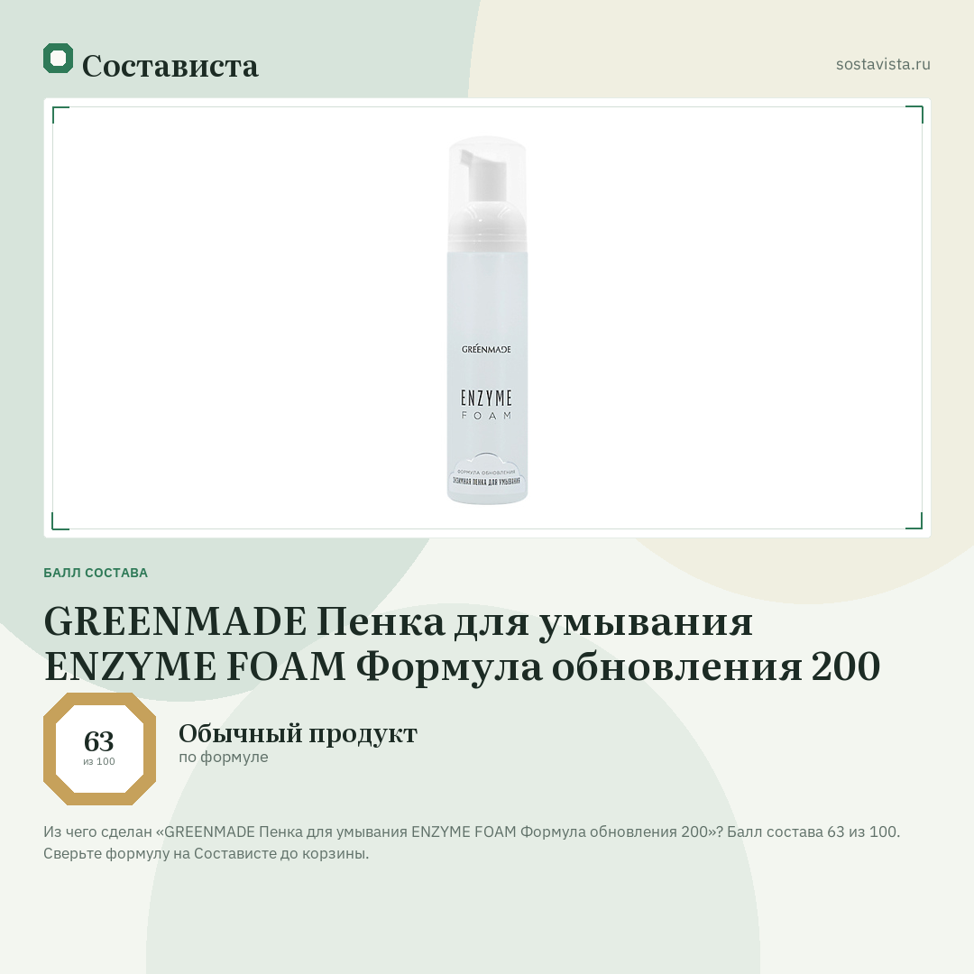GREENMADE Пенка для умывания ENZYME FOAM Формула обновления 200: балл состава 63 из 100 — Состависта