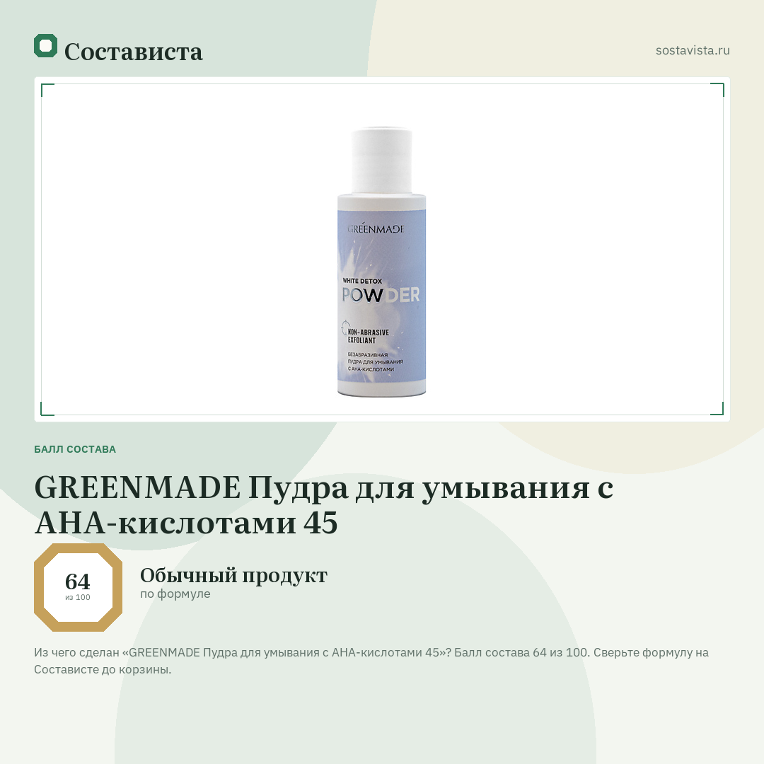 GREENMADE Пудра для умывания с АНА-кислотами 45: балл состава 64 из 100 — Состависта