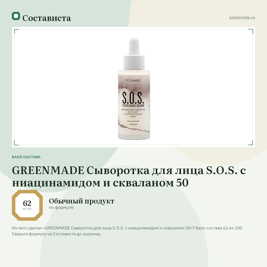 GREENMADE Сыворотка для лица S.O.S. с ниацинамидом и скваланом 50: балл состава 62 из 100 — Состависта