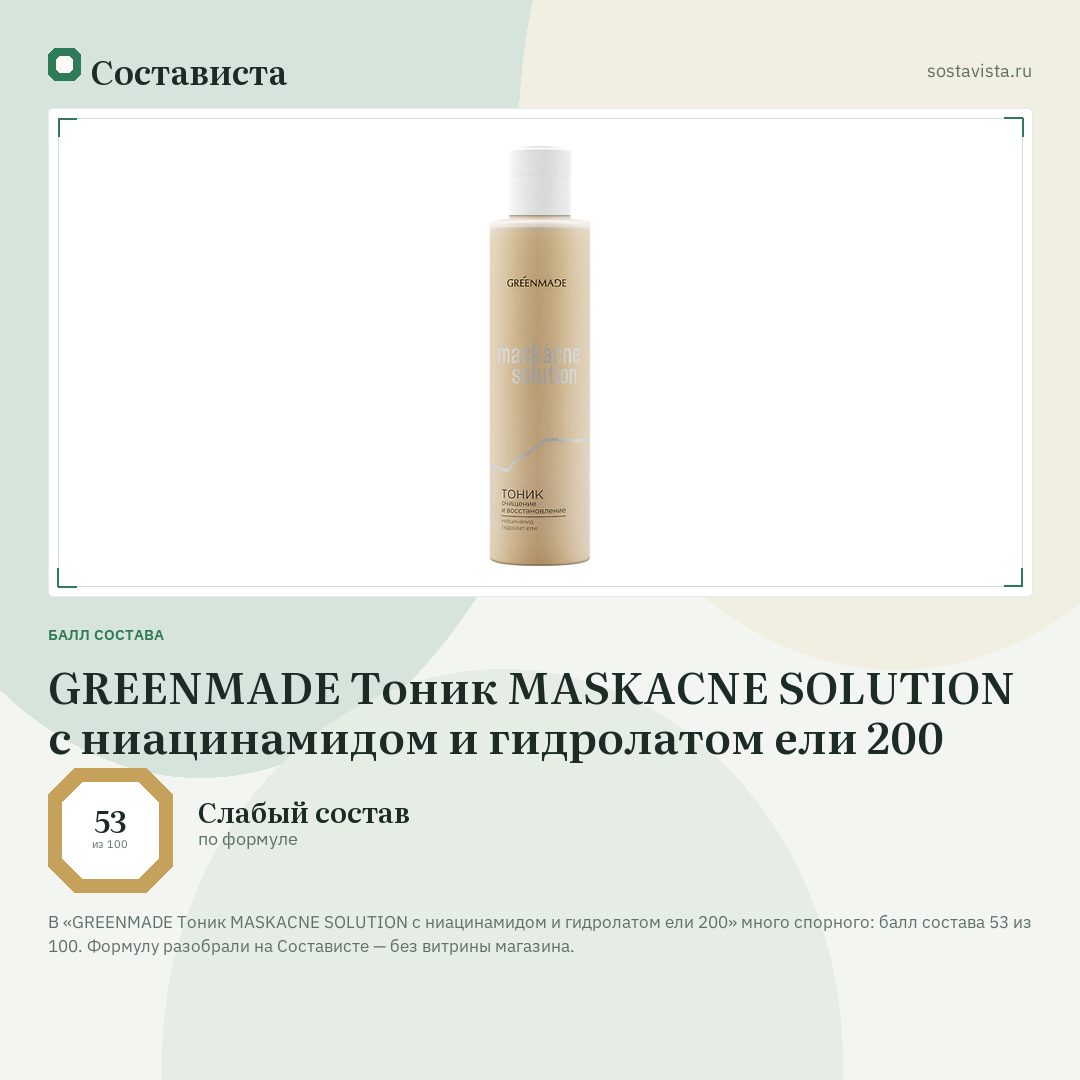 GREENMADE Тоник MASKACNE SOLUTION с ниацинамидом и гидролатом ели 200: балл состава 53 из 100 — Состависта